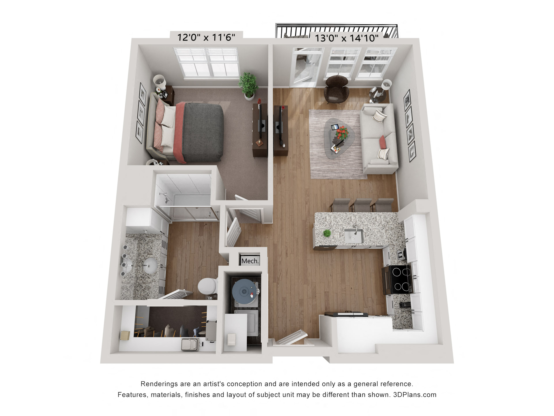 Floor plan for 1 bed, 1 bath, 678 sqft